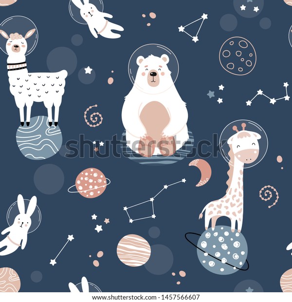 スペース動物とシームレスなかわいい柄 クマ ハレ キリン ラマ 惑星 星 星座 ロケット 彗星 ベクター画像の子の背景 布 紙 壁紙 服に印刷 のベクター画像素材 ロイヤリティフリー スペース動物とシームレスなかわいい柄 クマ ハレ キリン ラマ 惑星 星 星座 ロケット 彗星 ベクター画像の子の背景 布 紙 壁紙 服に印刷 のベクター画像素材 ロイヤリティフリー