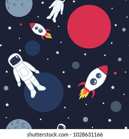 Cute seamless pattern with space cosmonaut planets rockets spaceships and stars. Vector illustration