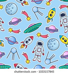 Cute seamless pattern with space cosmonaut planets ufo rockets spaceships satellite and comet on blue background. Vector illustration
