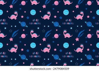 Cute seamless pattern with space dinosaur and space and planets for kids. Vector illustration