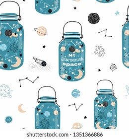 Cute seamless pattern with space jars. Planets, stars, constellations, space, galaxy, night sky. Vector children's illustration. Creative vector childish background for fabric, textile.