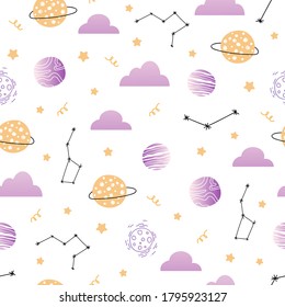 Patrón perfecto con espacio. Estrellas mágicas, nubes, planetas, constelaciones, luna, luna. Impresión en prendas de vestir, textiles, carteles, postales. Impresión infantil.
