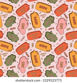 Cute seamless pattern with speech bubbles with short messages. Backdrop with doodle chat clouds with handwritten talk phrases in different shapes. Background for teen design template in groovy style.