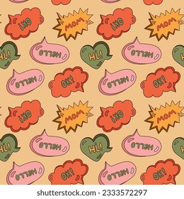 Cute seamless pattern with speech bubbles with short messages. Backdrop with doodle chat clouds with handwritten talk phrases in different shapes. Background for teen design template in groovy style.