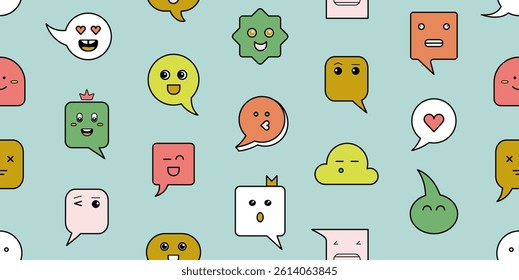 Cute seamless pattern with speech bubbles with smiling faces. Abstract set with different shapes text boxes, cute characters of dialog clouds with heart and crown, vector flat illustration