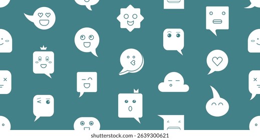 Cute seamless pattern with speech bubbles with smiling faces. Abstract set with different shapes text boxes, cute characters of dialog clouds with heart and crown, vector flat illustration