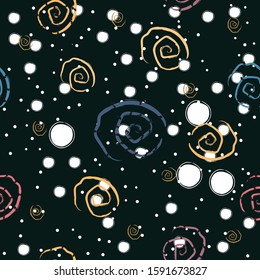 Cute Seamless Pattern with Spirals and Stars on black. Vector Illustration.