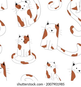 Cute seamless pattern of spotted cats sitting, with long tails. Kittens print, cute pets. Cats with red, brown spots and black outline, baby pattern, children's print with cute smiling spotted kittens