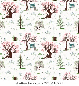Cute seamless pattern with spring flowering trees, green leaves, flowers, bench, cat, and bird in cartoon style. Spring forest, children's illustration, seamless pattern, background.