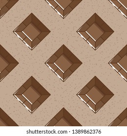 Cute seamless pattern with square chocolate sweets. Brown noisy textured background. Flat linear style illustration. Vector.