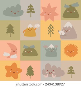 cute seamless pattern in squares of elements of nature, weather, mountains vector illustration