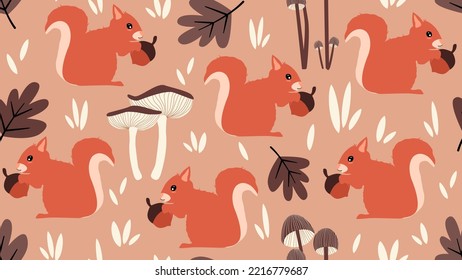 cute seamless pattern with squirrel, mushrooms and leaves