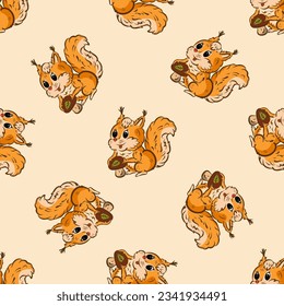 Cute seamless pattern with squirrel and mushrooms. Hand drawn vector illustration.