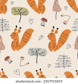 Cute seamless pattern with squirrel,mushrooms,berries,hearts and trees. Childish texture for fabric, textile, apparel, nursery decoration. Hand drawn vector illustration.