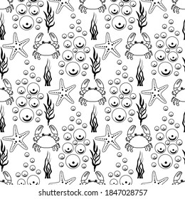 Cute seamless pattern with starfish, crab, seaweed, sea splashes in outline on a white background. Sea animals in a flat style. Cartoon wildlife for web pages.
Stock vector illustration for decor