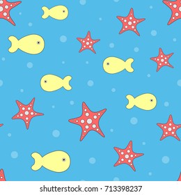 Cute seamless pattern with starfish and fish. Colored vector illustration for children.
