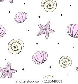 cute seamless pattern with starfish, pearlshell, shells. vector illustration