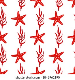 
Cute seamless pattern with starfish and red algae on a white background. Sea animals in a flat style. Cartoon wildlife for web pages.
Stock vector illustration for decor, design, textiles,
wallpaper