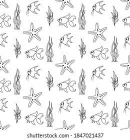 Rein nahtloses Muster mit Seestern, Algen, maurischem Dol, Goldfisch auf weißem Hintergrund umreißen. Meerestiere im flachen Stil. Cartoon wild lebende Tiere für Webseiten.
Stock-Vektorgrafik für Dekoration