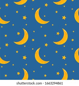 Cute seamless pattern with starry sky and month. Vector pattern.