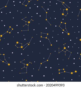 Cute seamless pattern with stars and constellations in open space. Hand drawn vector illustration for children.