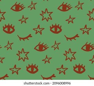 Cute seamless pattern with stars and eyes. Mystical and magical bohemian vector background
