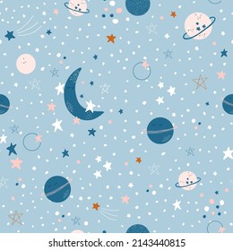 Cute seamless pattern with stars, moon and planets on blue background. Cosmic theme for children. Colorful vector illustration for baby shower, textile, clothes, wallpaper.