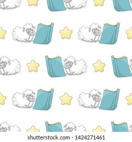 Cute seamless pattern with stars and sheep reading books. White background. Cartoon style illustration. Vector.