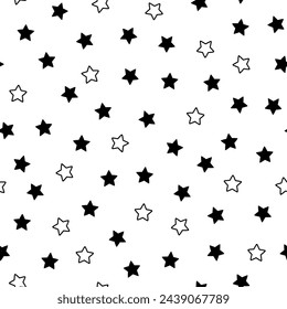 Cute seamless pattern with stars. Vector illustration. Black stars on white background. Texture for print, textile, fabric, packaging.