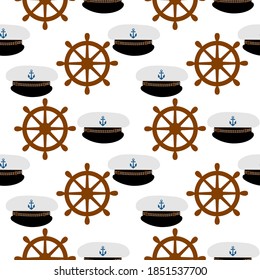 Cute seamless pattern with steering wheel, peaked cap on a white background. Marine items in a flat style.
Stock vector illustration for decor and design, textiles,
wallpaper, wrapping paper