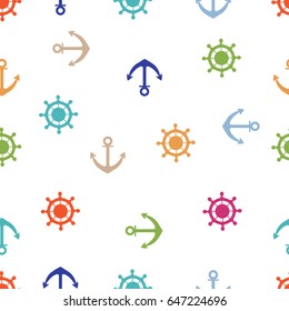 Cute seamless pattern with steering wheels and anchors. Marine theme. Design for poster or print.
