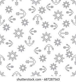 Cute seamless pattern with steering wheels and anchors. Marine theme. Design for poster or print.