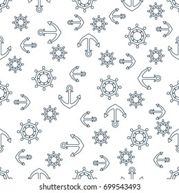 Cute seamless pattern with steering wheels and anchors. Marine theme. Design for poster or print.