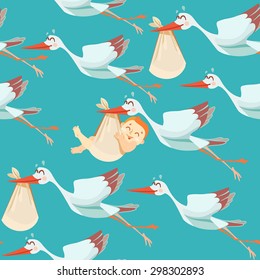 Cute Seamless Pattern With Storks Bringing Newborns.Vector Illustration For Baby Shower Invitation Background, Wallpaper,package,wrapping,poster