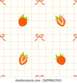 A cute seamless pattern with strawberries and bows on a light background with a pink mesh. Suitable for wrapping, textiles, packaging, backgrounds