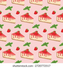 Lindo patrón sin fisuras con fresas y pasteles. Ilustración vectorial de dulces coloridos.