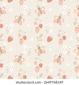 Cute seamless pattern with strawberries, daisies, and smiling butterflies. Soft pastel design perfect for baby clothes, nursery decor, wrapping paper, and children's products.

