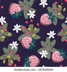 Cute seamless pattern with strawberries and flowers. Vector pattern.