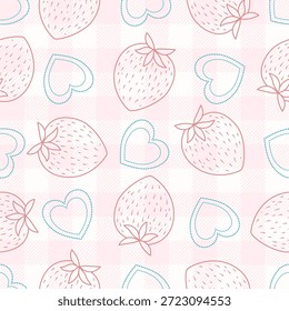 Cute seamless pattern with strawberries and heart shapes in soft pastel colors. Perfect for kids products, packaging, stationery, and romantic themed designs.