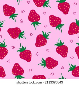 Cute seamless pattern with strawberries and hearts. Vector design for textile, wrapping paper, greeting cards.