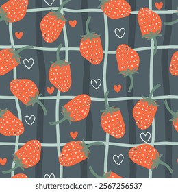 Cute seamless pattern with strawberries , hearts, and lines. Vector illustration for wrapping paper, fabric, Valentine's Day. 