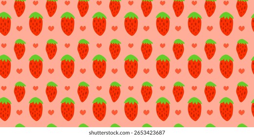 Padrão perfeito bonito com morangos e corações. Fundo de verão natural com bagas de jardim ou floresta. Perfeito para crianças roupas, software, roupas femininas, papel de embrulho, etc.