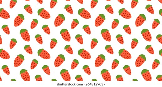 Cute seamless pattern with strawberries on white background. Natural summer background with garden or forest berries. Perfect for kids clothes, giftware, womenswear, wrapping paper, etc.