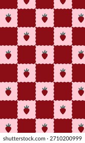 Cute seamless pattern with strawberries on pink and red plaid