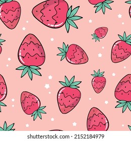 cute seamless pattern with strawberries and stars on pink background. Nursery textile print, wrapping paper, packaging, stationary, wallpaper, girlish apparel design, etc. EPS 10