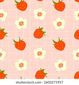 A cute seamless pattern with strawberries and strawberry flowers on a pink background with a grid. Suitable for wrapping, textiles, printing, wallpaper