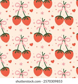 Cute seamless pattern with Strawberry Bow. Vector summer background with strawberries.