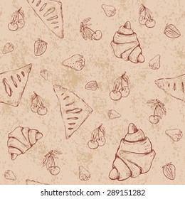 Cute seamless pattern: strawberry, cherry, croissants and pies. Baked goods, restaurant menu and tea party background.