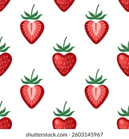 Cute seamless pattern with strawberry hearts on a white background for Valentines Day. Bright ripe red heart shaped strawberries background. Vector pattern for a wrapping paper, textiles, wallpapers