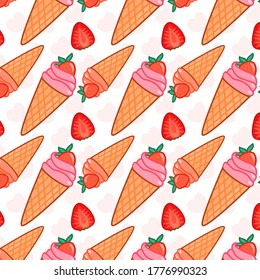 Patrón perfecto con helado de fresa y rodajas de fresa. Patrón de caricatura simple con bayas sobre el fondo de los corazones
